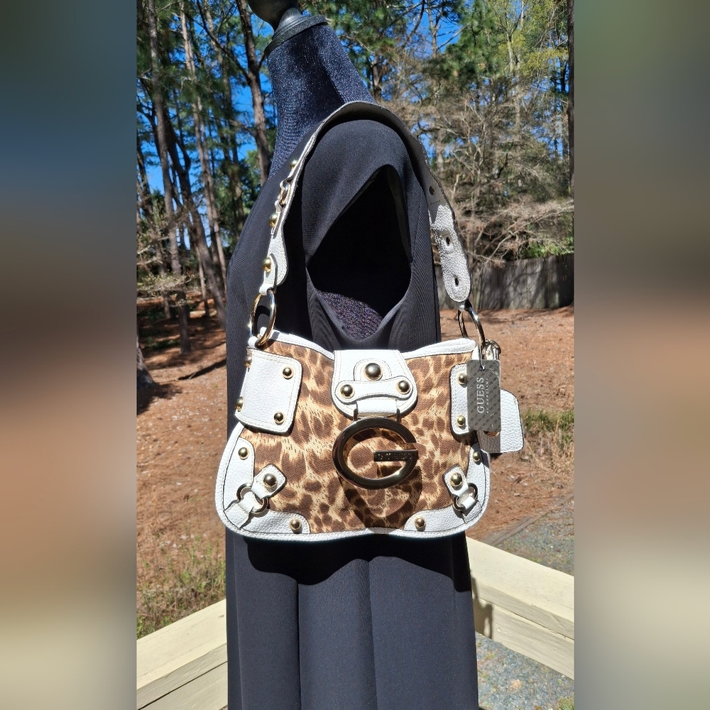 Rare New Vintage Y2K Guess Leopard Print & White Faux Leather Shoulder Bag - Picture 15 of 15